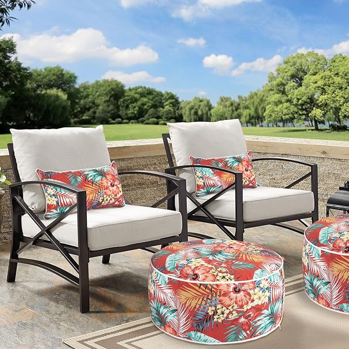 Outdoor/Indoor Inflatable Ottoman Pouf D20 xH9, All Weather Round Footstool with Foot Pump, Water Repellent Portable Footrest with Handle for Patio Garden Camping Travel-Chili Red Floral