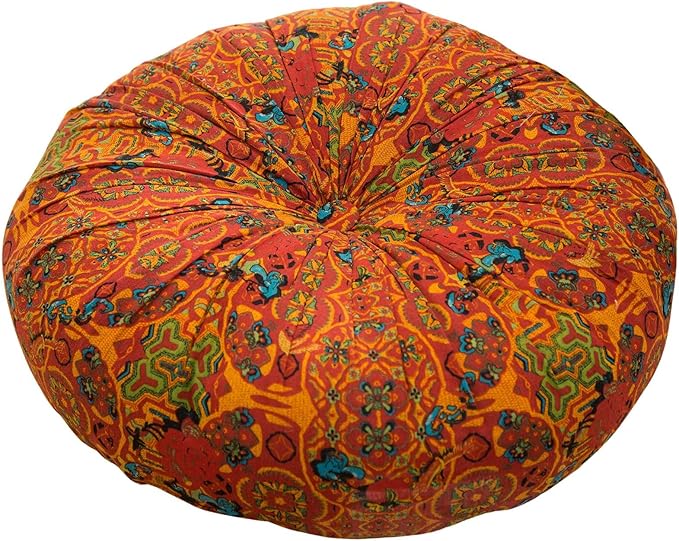 Moroccan Printed Round Chair Pads Cotton Linen Soft Comfort Chair Cushion Colorful Pompom Seat Cushions for Indoor Dining Room and Kitchen Chairs (Orange,22x22 Inch)