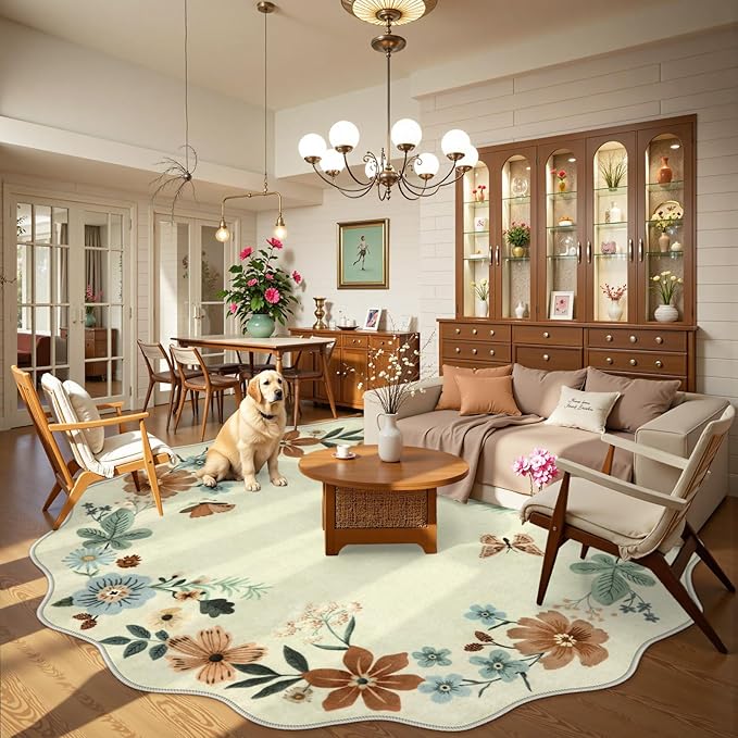 Lahome Floral Washable Round Area Rug, Soft Round Rugs 6ft Ultra-Thin Non-Slip, Boho Large Circle Carpet for Bedroom Living Room Kitchen Nursery Flore, Beige