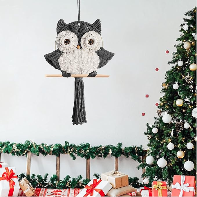 Macrame Owl Wall Hanging - Handmade Boho Hanging Tapestry Art Home Decor, Nature-Inspired Gift for Owl Lovers, Sustainable Fiber Wall Art Minimalist Bird-Themed Decor - Grey