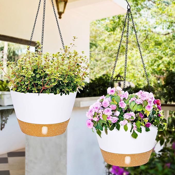 QCQHDU 2 Pack 8 Inch Hanging Planters for Indoor Outdoor Plants, Hanging Baskets Flower Pots with Reservoir Tray & Visible Water-Level