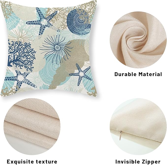 Nautical Coastal Pillow Covers 18x18 Inch Set of 2, Beach Themed Ocean Throw Pillows Starfish Seashell Decorations Summer Pillowcase Linen Outdoor Decor Farmhouse Cushion Case for Home Bedroom
