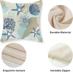 Nautical Coastal Pillow Covers 18x18 Inch Set of 2, Beach Themed Ocean Throw Pillows Starfish Seashell Decorations Summer Pillowcase Linen Outdoor Decor Farmhouse Cushion Case for Home Bedroom