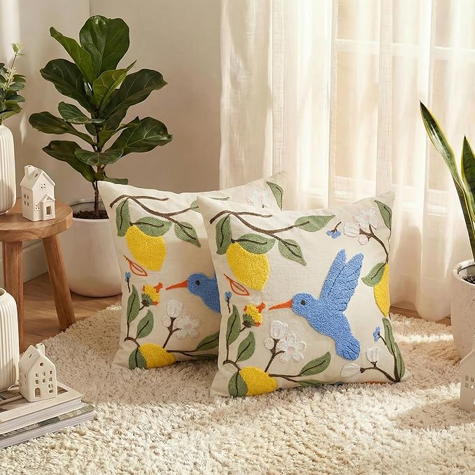 AVOIN colorlife Hummingbird Floral Lemon Embroidered Throw Pillow Covers, 18 x 18 Inch Holiday Spring Summer Decorative Tufted Patterned Linen Cushion Case for Sofa Couch Set of 2