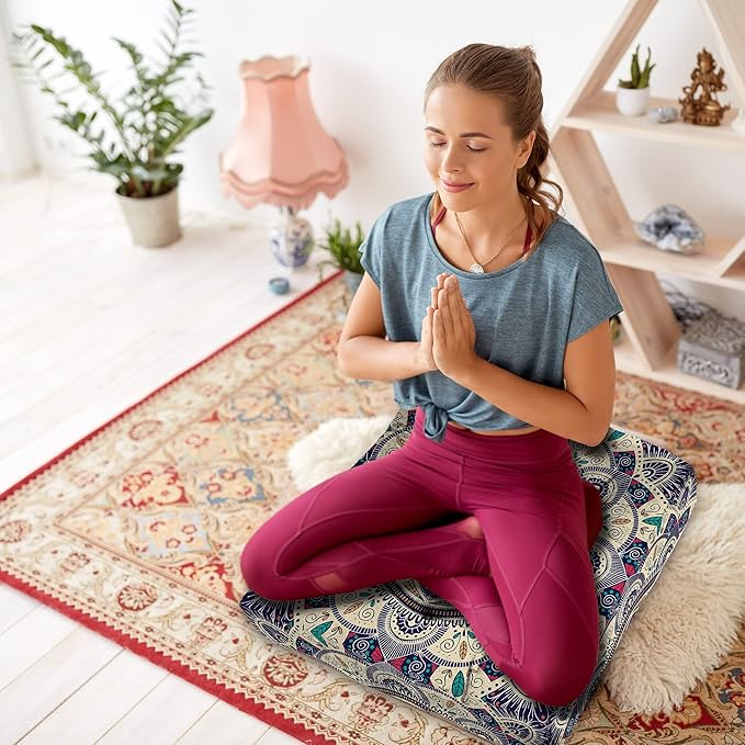 Mandala Meditation Cushion, Boho Meditation Mat, Meditation Pillows For Sitting on Floor, Cushions for Sitting in Home and Outdoor, Square Floor Pillow Cushion Seating for Yoga Accessories 22'' x 22''