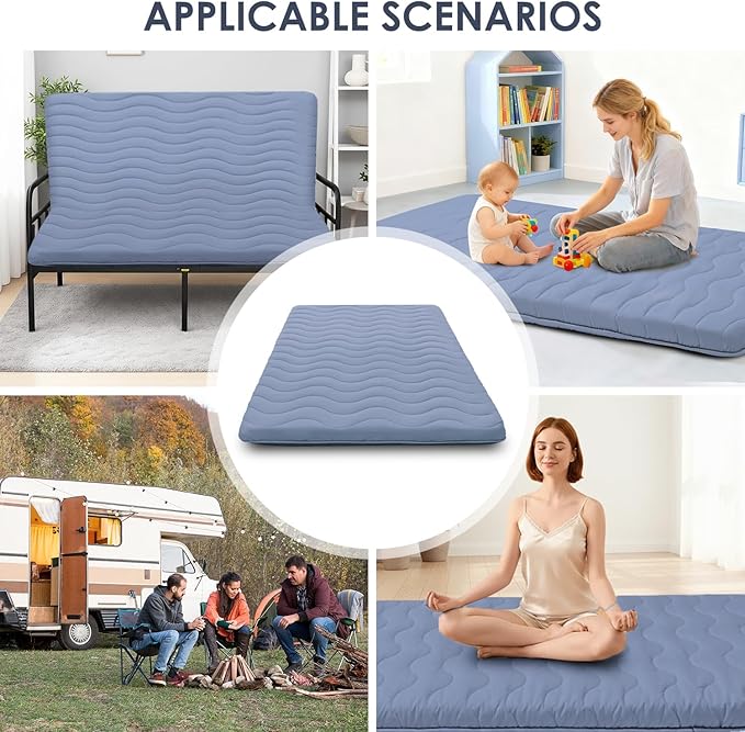 Japanese Floor Mattress, 100% High Density Comfortable Foam, 4" Thicken Foldable Mattress Tatami Mat Sleeping Pad, Ideal for Comfort and Support, Kids Floor Lounger Pillow Bed Sofa, Blue, Queen