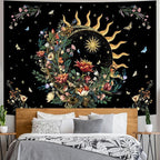 Racunbula Floral Plants Tapestry Sun and Moon Tapestry Retro Botanical Flowers Butterfly Tapestries Black Starry Sky Wall Decor Vintage Boho Aesthetic Tapestries Wall Hanging for Bedroom