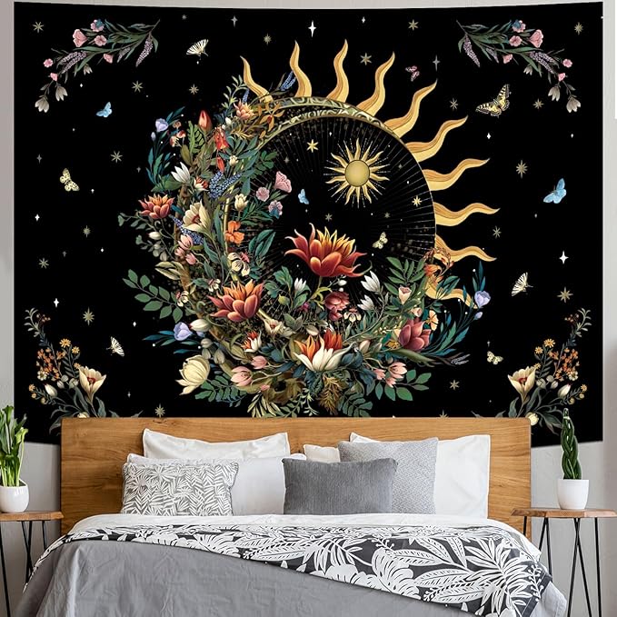Racunbula Floral Plants Tapestry Sun and Moon Tapestry Retro Botanical Flowers Butterfly Tapestries Black Starry Sky Wall Decor Vintage Boho Aesthetic Tapestries Wall Hanging for Bedroom