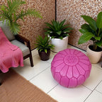 Stuffed Round Design Moroccan Leather Pouf Ottoman, Handmade, Pre-Filled, 100% Genuine Leather, 13” Height x 20” Diameter, Footstool & Living Room Décor (Fuchsia)