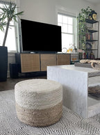 Scandilivin Homes Pouf Ottoman - 100% Jute Braided Footrest Pouf Hand Knitted Traditional Cord Boho Pouffe for Living Room, Bedroom, Nursery, Patio, Lounge Colorblock - Natural Ivory (20”x20”x10”)
