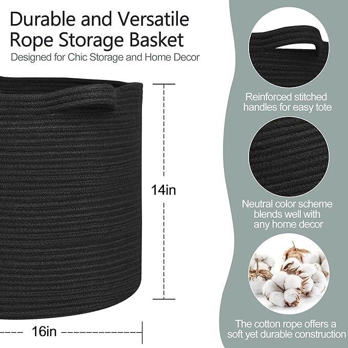 Large Black Storage Basket, 16" x 14" Cotton Rope Baskets for Storage, Blanket Storage Living Room, Big Woven Laundry Basket, Dog Kids Toy Box Organizer, Round Floor Shoe Towel Bin