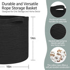Large Black Storage Basket, 16" x 14" Cotton Rope Baskets for Storage, Blanket Storage Living Room, Big Woven Laundry Basket, Dog Kids Toy Box Organizer, Round Floor Shoe Towel Bin