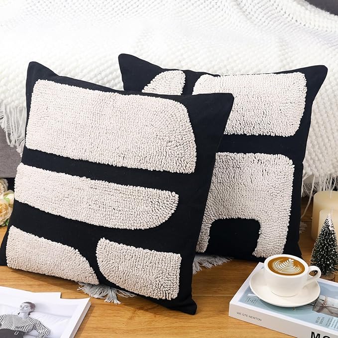 2 Pcs Black White Throw Pillow Covers Boho Chunky Tufted Pillow Cover 18 x 18 Inches Modern Woven Decorative Pillows Cases Abstract Pillows Sham for Living Room Bed Sofa Couch