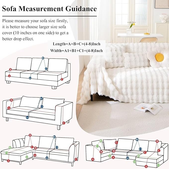 VClife Soft Plush Faux Fur Couch Cover, Warm Fuzzy White Sofa Covers for 3 Cushion Couch Sofa (71"x134") Non Slip Couch Covers for Dog Cat Washable Thick Furniture Protector for Pets