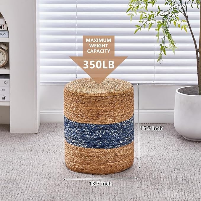 Wimarsbon 2Pcs Pouf Ottomans, Natural Seagrass Foot Stool, Hand Weaving Round Ottoman, Boho Decorative Seat, Jute Braided Pouffe Poof Accent Sitting Footrest for Living Room (Blue-2)