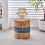 Wimarsbon 2Pcs Pouf Ottomans, Natural Seagrass Foot Stool, Hand Weaving Round Ottoman, Boho Decorative Seat, Jute Braided Pouffe Poof Accent Sitting Footrest for Living Room (Blue-2)