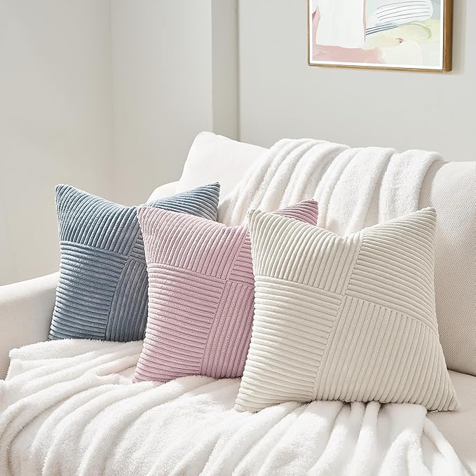 Topfinel Dusty Blue Throw Pillow Covers 16x16 Set of 2, Soft Corduroy Couch Decorative Pillow Covers Windmill Textured Striped Patchwork Cushion Cover for Bedroom Living Room Boho Home Decor