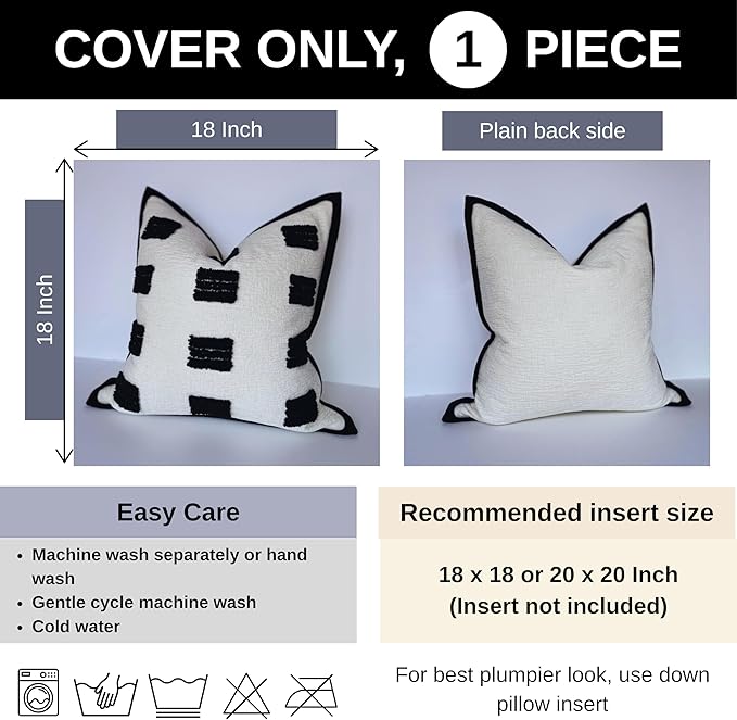 Tufted Decorative Boho Black and White Throw Pillow Cover, 18x18 inches, Soft and Luxurious Chenille Fabric, Elegant Design, Cushion Covers for Couch, Bedroom, Living Room, Home Decor