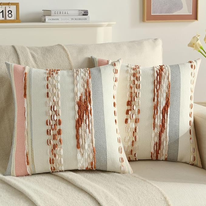 FUTEI Rust Beige Decorative Throw Pillow Covers 20x20 Inch Set of 2, Soft Tufted Striped Textured Accent Cushion Case,Boho Pillows for Couch Decor