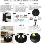 Thgonwid Unstuffed Moroccan Faux Leather Pouf Ottoman with Storage - Handmade Boho Chic Multi-Use Footrest for Living Room, Bedroom, Patio - Round Ethnic Floor Cushion & Decorative Accent, Black&White