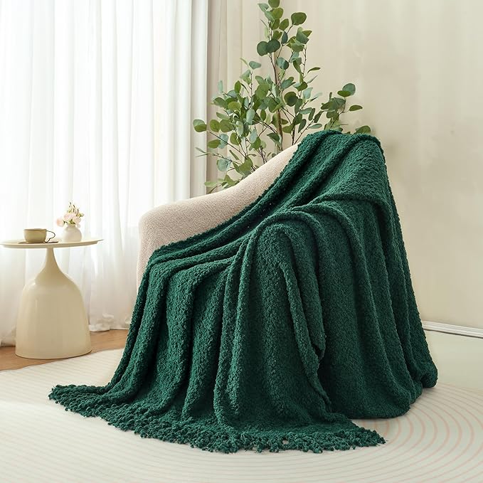 Throw Blanket for Couch, Dark Green Luxury Knitted Throws 50"x60", Textured Blankets with Handmade Fringe Tassels for Bed Sofa Decorative, Chunky Soft Farmhouse Boho Home Decor