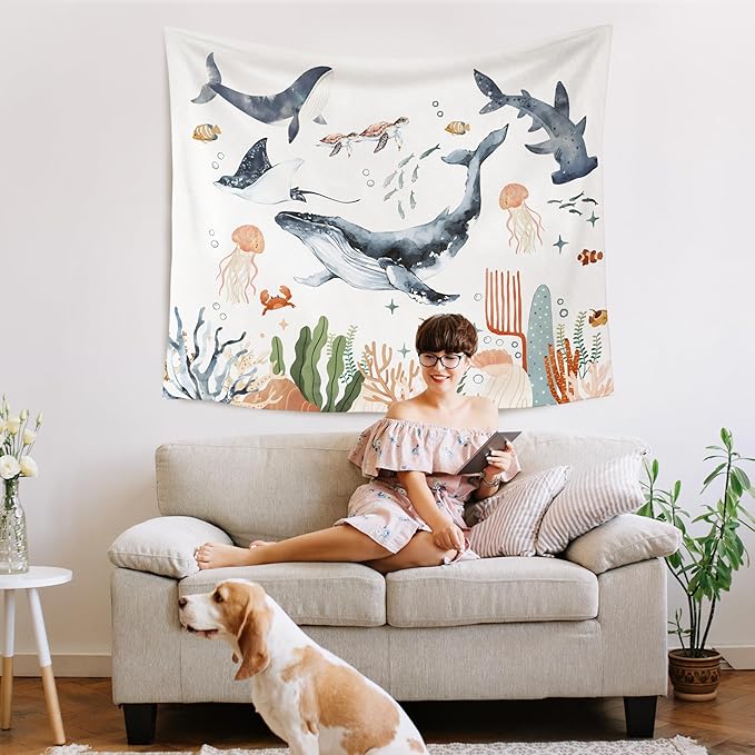WARDOS Whales Ocean Animal Tapestry, Shark Whale Beach Tapestry Wall Decor, Kids Room Wall Decor, Ocean Sea Animals Wall Blanket Decor for Toddler Kids Nursery Bedroom Playroom, 50x60 Inch