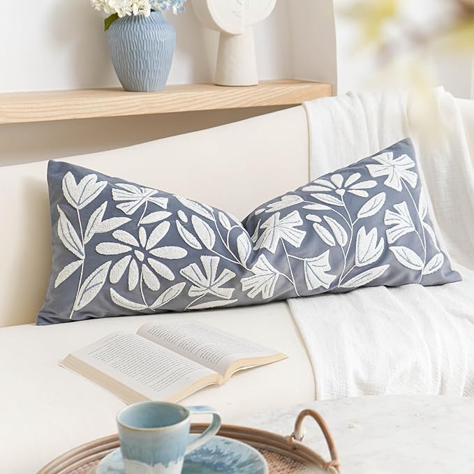 BlissBlush 14x36 Lumbar Pillow Cover for Bed, Grayish Blue Rectangular Long Throw Pillowcase, Embroidered Velvet Floral Tufted Farmhouse Accent Cushion (Cover Only)