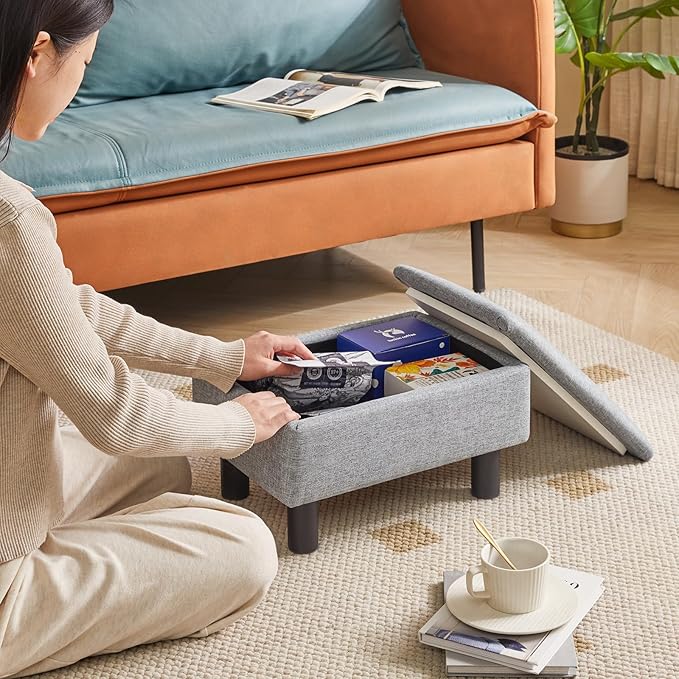 IBUYKE Storage Ottoman Footrest Stool with Linen Fabric, Rectangular, Flip Top Lid, Non-Slip Feet, Compact Design, Stylish and Functional, Gray Blue RF-BD224