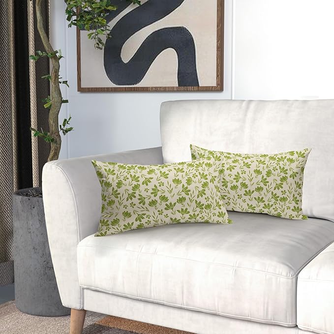 Lime Green Floral Pillow Covers 12x20 Set of 2 Vintage Rustic Old Style Cute Small Flower Green Cream Print Decorative Outdoor Pillowcases Farmhouse Throw Cushion Case Decor for Couch Sofa Bed