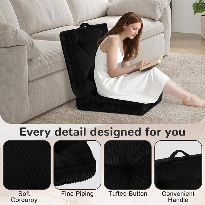 Floor Pillow Set of 2, 22x22 Tufted Floor Cushion for Adults, Square Large Meditation Cushion Pillow, Black Corduroy Sitting Pillow with Handle, Yoga Seating for Tatami