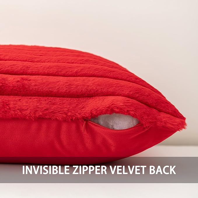 Pack of 2 Faux Fur Christmas Throw Pillow Covers 18x18 Inch, Soft Plush Striped Neutral Couch Pillow Cover, with Velvet Back Modern Home Decor for Sofa Living Room Couch Bed Red