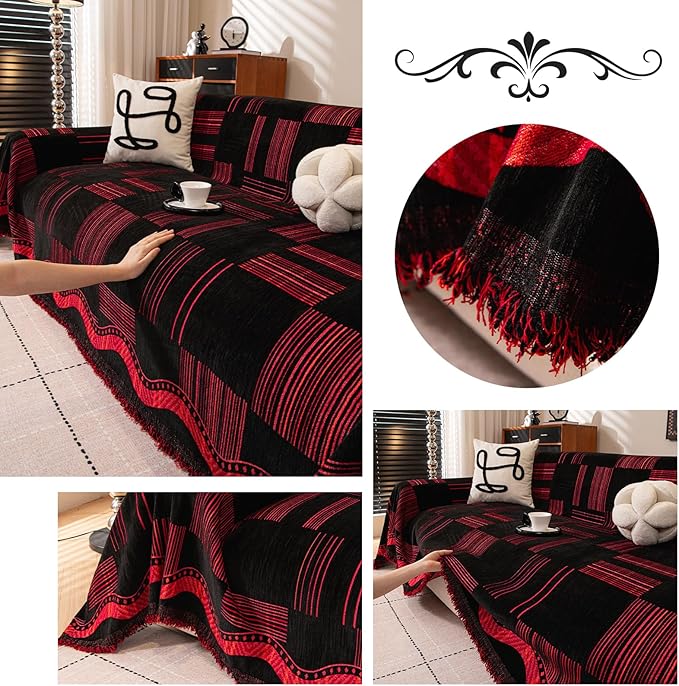 ROOMLIFE Black-Red Sofa Cover, Vintage Boho Couch Cover for 3 Cushion Sofa, Non Slip Chenille Sofa Slipcovers for Dog, Washable Furniture Sofa Protector Cover with Tassel for Living Room, 71''X118”