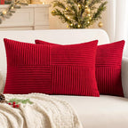MIULEE Christmas Red Decorative Lumbar Throw Pillow Covers 12x20 Inch for Couch Bed Sofa Pack of 2 Boho Farmhouse Throw Pillows Soft Cross Corduroy Patchwork Textured Cushion Cases