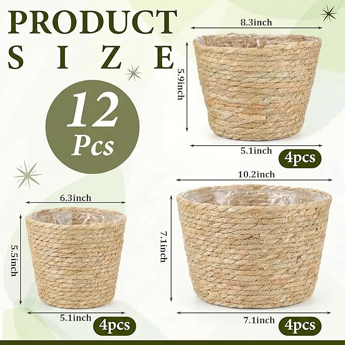12 Pcs Seagrass Plant Basket with Plastic Liners Woven Stylish Planter Baskets Bulk Indoor Outdoor Plants Woven Wicker Baskets for Flower Pots Cover and Room Decor Small (Mixed Size,Rustic)