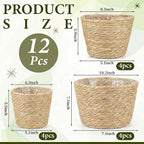 12 Pcs Seagrass Plant Basket with Plastic Liners Woven Stylish Planter Baskets Bulk Indoor Outdoor Plants Woven Wicker Baskets for Flower Pots Cover and Room Decor Small (Mixed Size,Rustic)