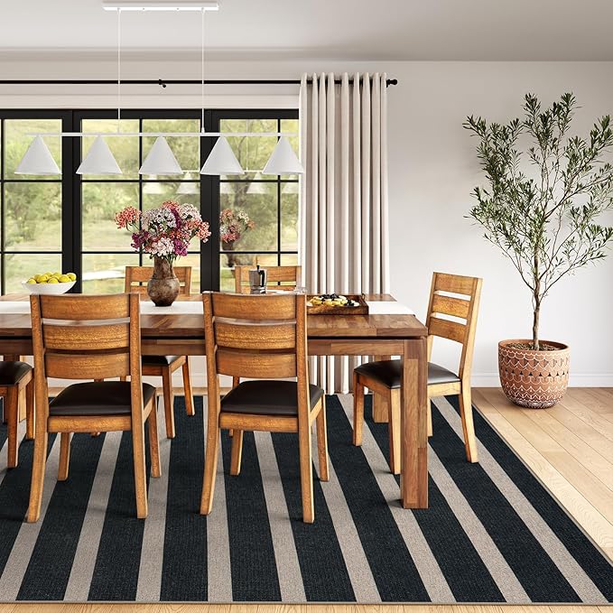 Lahome Elance Striped Easy Jute Outdoor Rug 8x10, Washable Living Room Patio Rug Black Indoor Outdoor Carpet, Farmhouse Geometric Non Slip Non Shedding Carpet for Office Backyard Dining Room