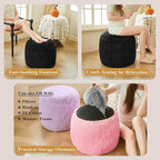 XeGe Fluffy Faux Fur Inflatable Pouf Ottoman, Comfy Portable Shaggy Fuzzy Foot Stool Anti-Slip, Plush Foot Rest Floor Pouf Home Decorative, Round Ottoman Cushion for Living Room Bedroom, Black