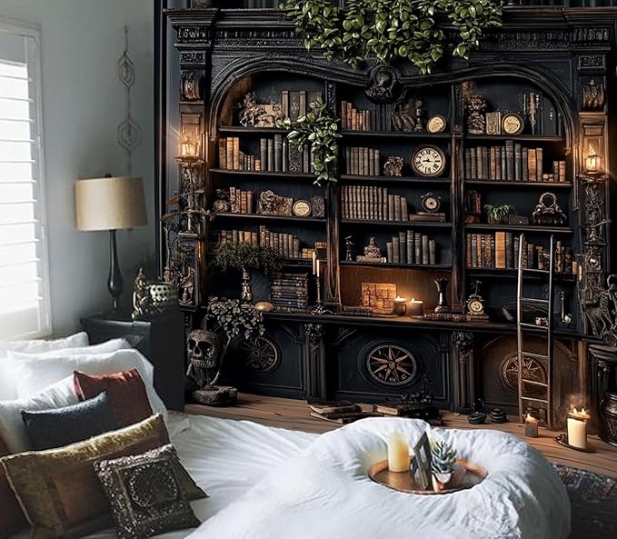 TUGCAY Vintage Bookshelf Tapestry, Medieval Gothic Bookcase Tapestry Spooky Library Tapestries Book Skull Backdrop for Bedroom Living Room Dorm Office Wall Decor 80’’ x 60’’