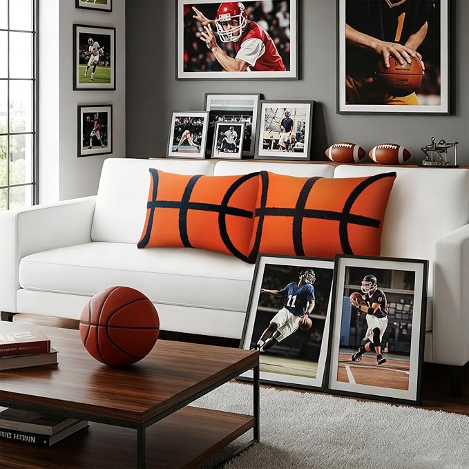 2 Pcs Basketball Velvet Pillow Covers 12 x 20 Inch 3D Tufted Embroidery Sports Theme Basketball Decorative Throw Cushion Case for Bedroom Sofa Living Room Couch Chair Home Decor