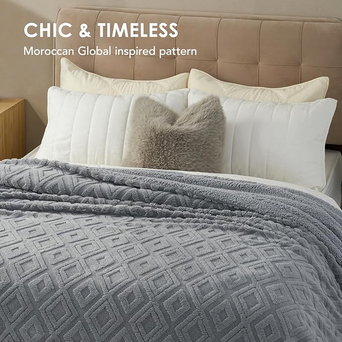 EverGrace Jacquard Boho Sherpa Fleece Throw Blanket for Couch, Super Soft Cozy Fuzzy Plush Blankets for Winter, Reversible Thick Warm Blanket for Bed, Sofa, Living Room, Grey, 90" x 90"