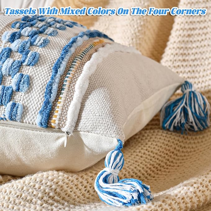 AmHoo Chenille Striped Textured Boho Throw Pillow Covers Aesthetic with Tassels Woven Decorative Pillow Case for Couch Bed Sofa Bedroom Modern Funky 14 x 36-Inch Sky Blue