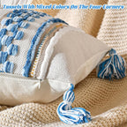 AmHoo Chenille Striped Textured Boho Throw Pillow Covers Aesthetic with Tassels Woven Decorative Pillow Case for Couch Bed Sofa Bedroom Modern Funky 14 x 36-Inch Sky Blue