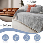 VClife Boho Gray White Couch Cover Plush Soft Chenille Couch Cover for 3-4 Cushion Couch Sofa, 1 PC Washable Breathable Bohemian Sofa Cover for Sectional Couch Thick Furniture Protector 71" x 150"