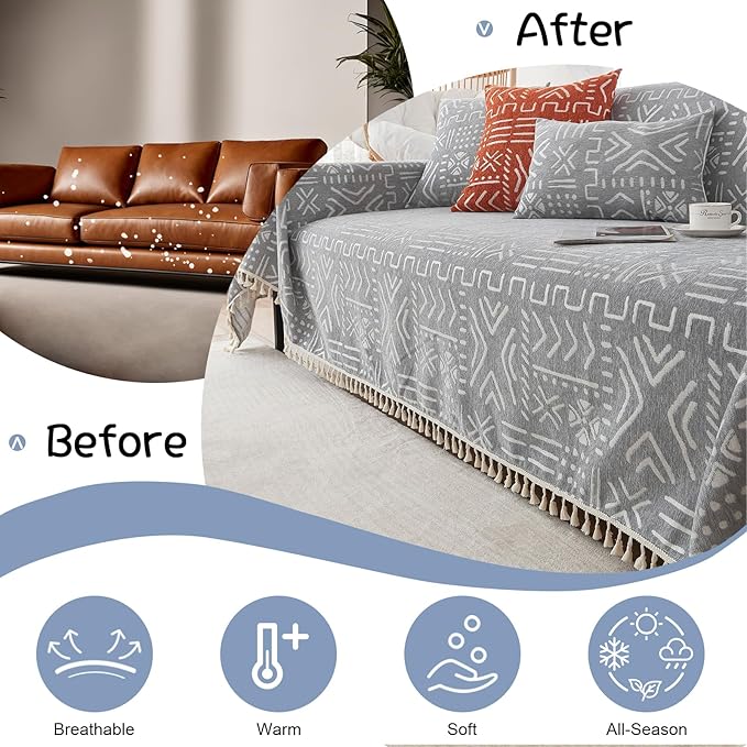 VClife Boho Gray White Couch Cover Plush Soft Chenille Couch Cover for 3-4 Cushion Couch Sofa, 1 PC Washable Breathable Bohemian Sofa Cover for Sectional Couch Thick Furniture Protector 71" x 150"