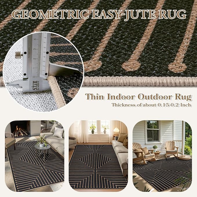 Lahome Neutral Geometric Outdoor Rug, 5x7 Black Living Room Dining Room Rug Indoor Outdoor Carpet, Farmhouse Rhombus Non Slip Non Shedding Carpet for Patio Deck Office Classroom