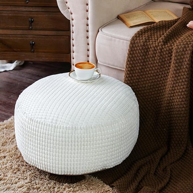 SUTAVIA Pouf Ottoman Cover Unstuffed Pouf Seat Decorative Soft Storage Bean Bag 20x20x8 Inches Floor Footrest for Living Room Bedroom (White, Round)