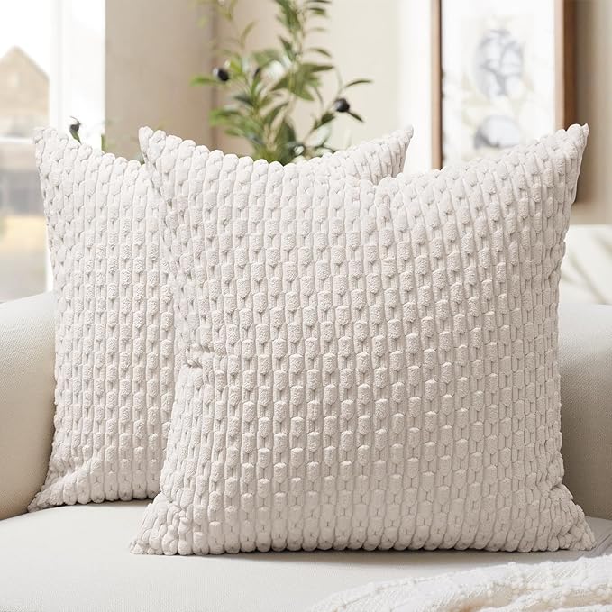Softalker Throw Pillow Covers 16x16 Inch, Set of 2, Soft Corduroy Boho Stripe Decorative Pillow Cover, Couch Fluffy Pillow Cover for Farmhouse Home Decor Bed Living Room, Beige