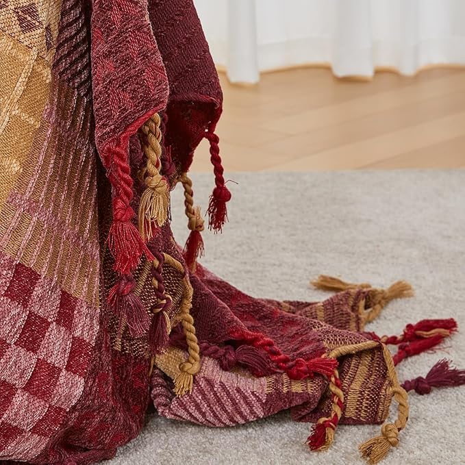 amorus Bohemian Throw Blanket (Red Plaid, 60 x 75 in)