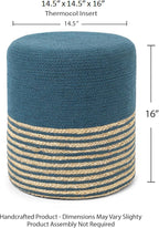 REDEARTH · Cylindrical Pouf Foot Stool Ottoman - Jute Braided Pouffe Poof Accent Sitting Footrest for Living Room, Bedroom, Nursery, Patio, Lounge & Other Rooms (Teal Natural, 14.5"X14.5"X16")