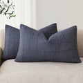 Foindtower Set of 2 Decorative Linen Check Throw Pillow Covers Neutral Farmhouse Lumbar Cushion Covers Modern Boho Home Decor for Sofa Chair Couch Bedroom Living Room,12×20 Inch,Navy Blue